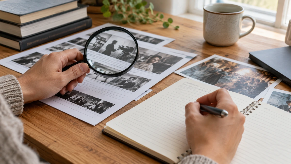 Researcher comparing film-credit sources and notes for a celebrity biography