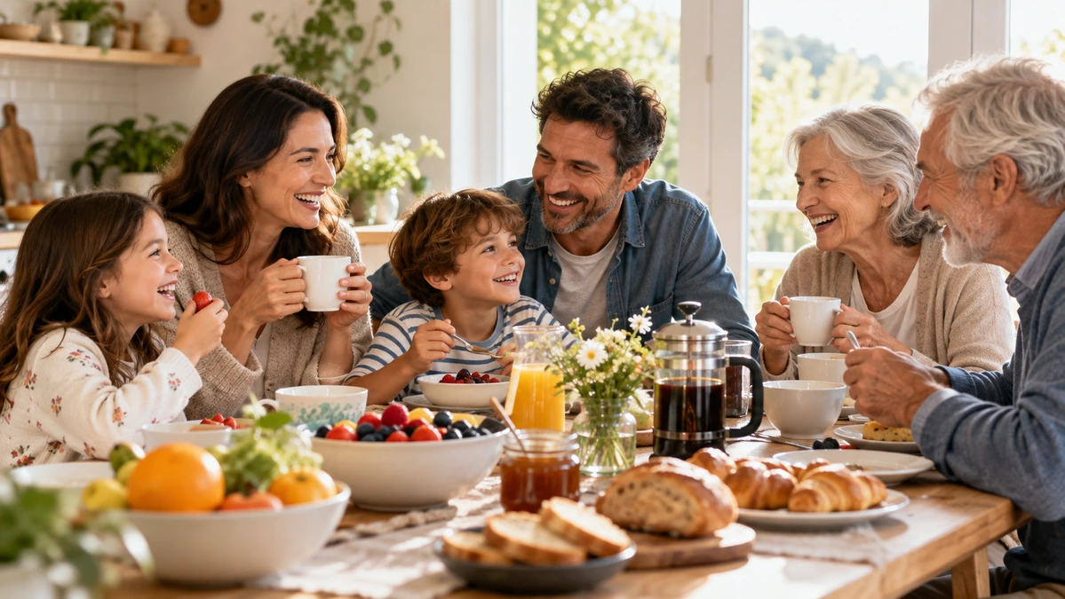 Family sharing warm Saturday wishes at home