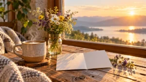 Warm Saturday morning greeting card with coffee and wildflowers