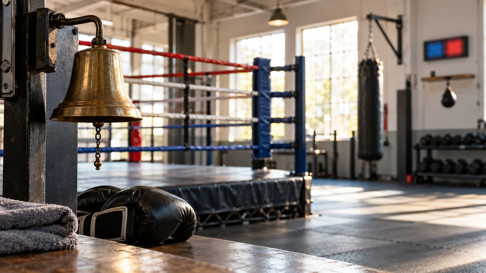 Quiet boxing gym and ring illustrating preparation for a sffareboxing schedule