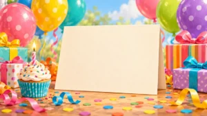 Colorful birthday card with balloons, gifts, cupcake, and confetti for silly birthday rhymes