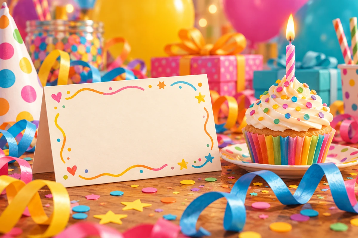 Colorful birthday card with balloons, gifts, cupcake, and confetti for silly birthday rhymes