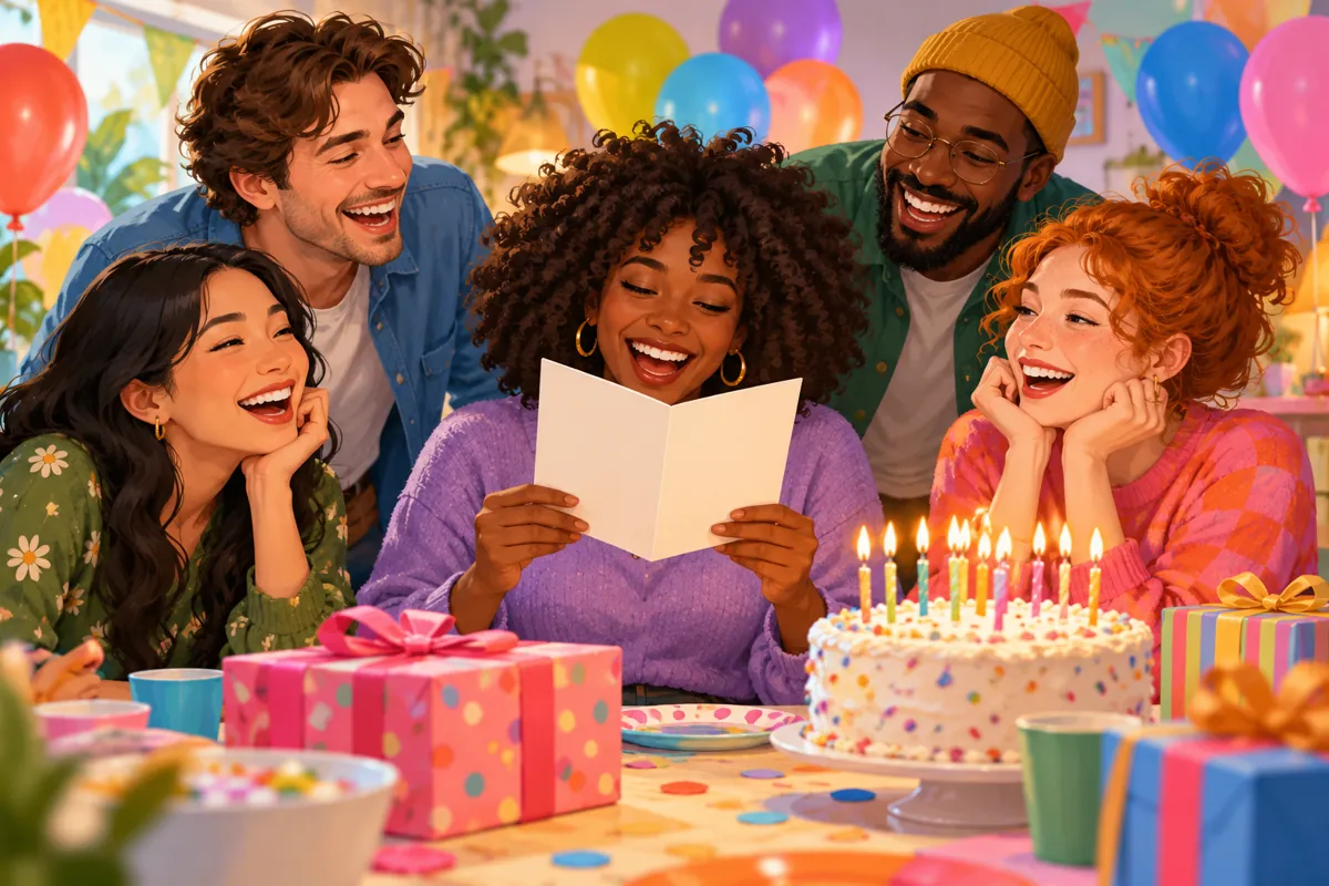 Friends laughing together at a birthday party while sharing a funny birthday card