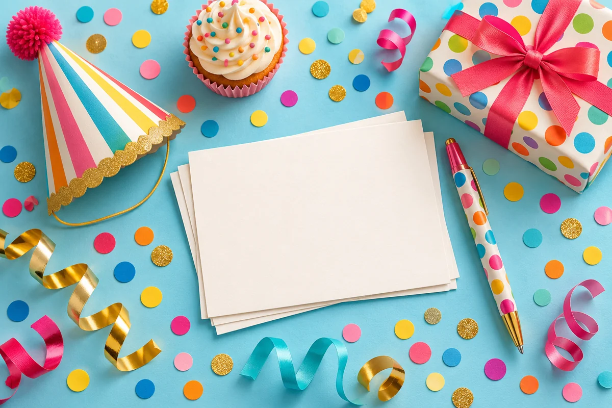 Flat lay of blank birthday note cards, colorful pen, party hat, present, cupcake, and confetti