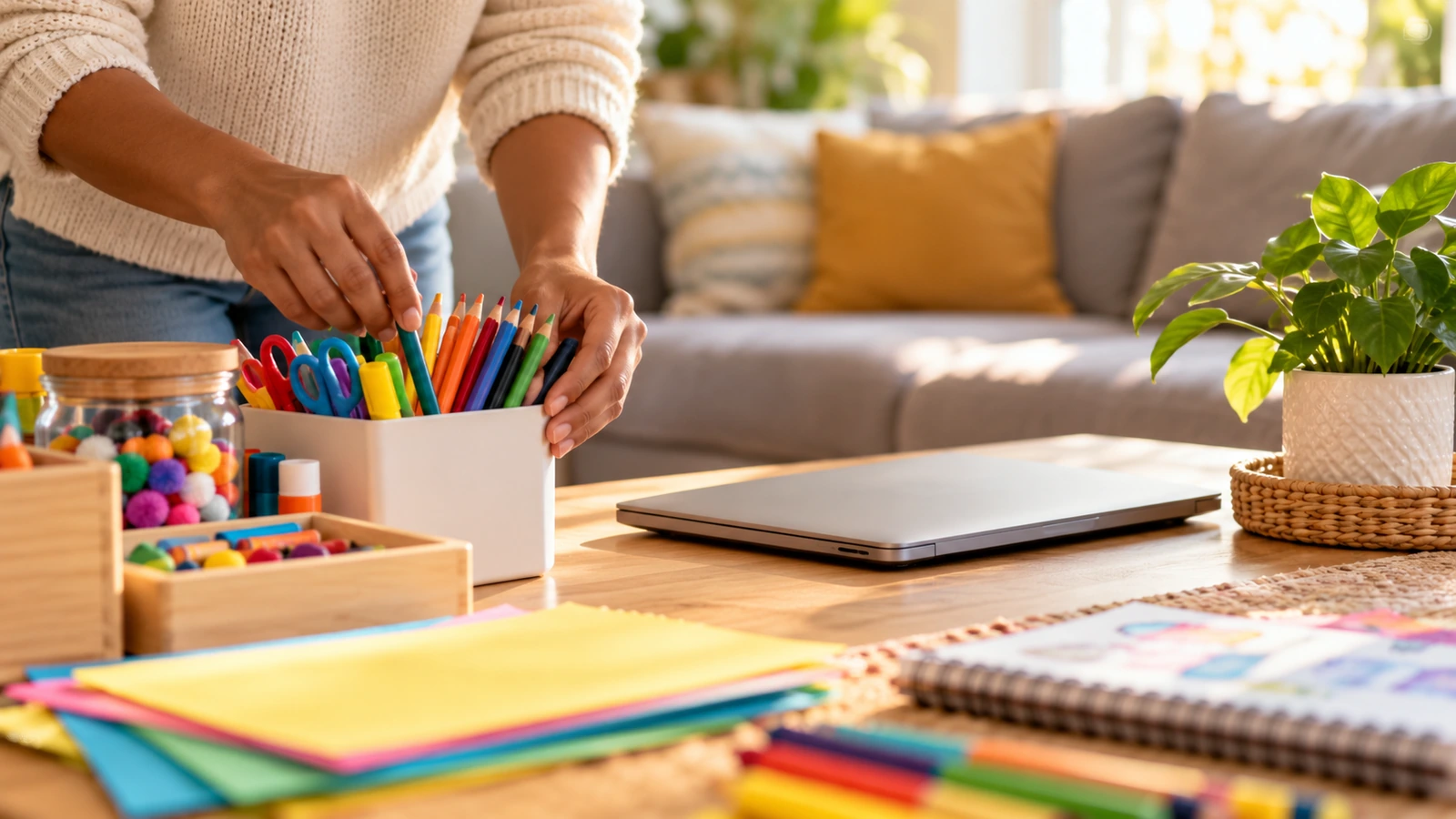 Adult organizing colorful art supplies in a family-friendly creative workspace