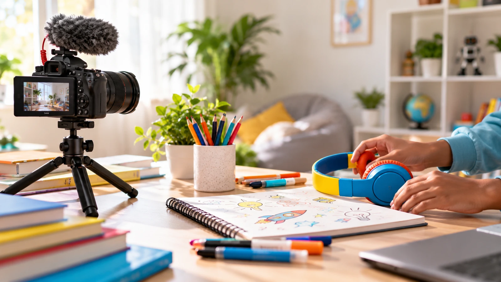 Creative home video workspace representing a young online creator