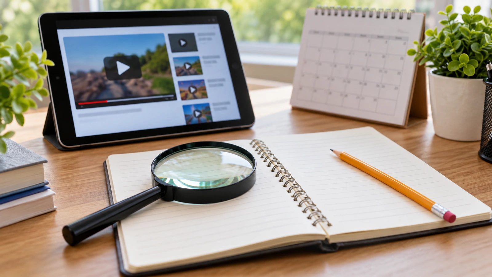 Desk with notebook and magnifying glass representing careful online research