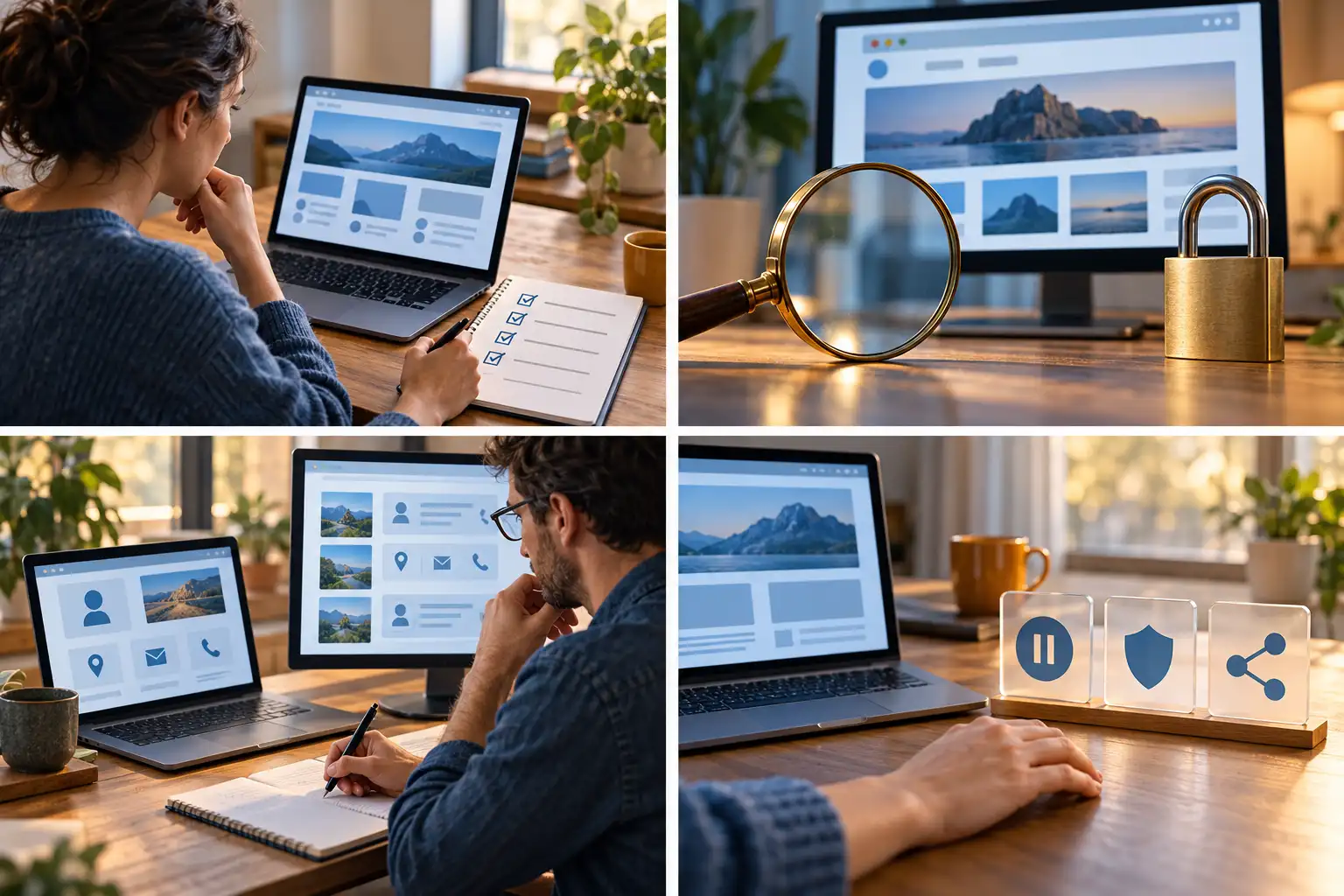 Calm workspace illustrating a pause before sharing information online