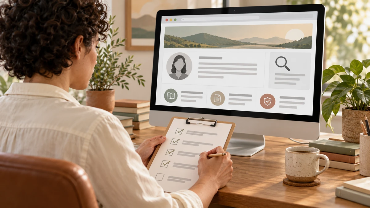 Person checking a publishing website for credibility