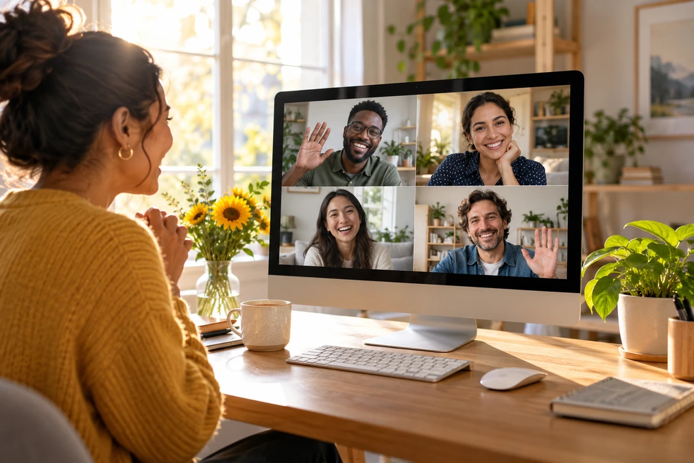 Friends sharing warm Wednesday morning greetings on a video call
