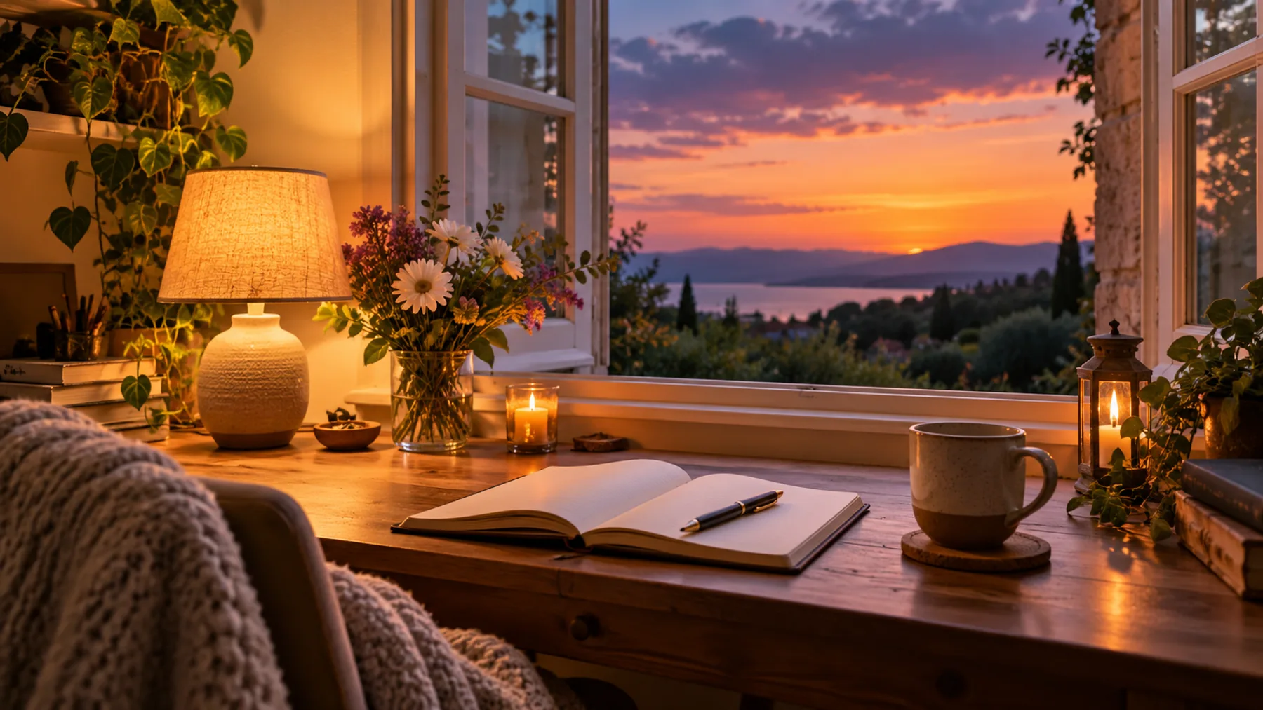 Cozy Wednesday evening journal and flowers by a glowing lamp