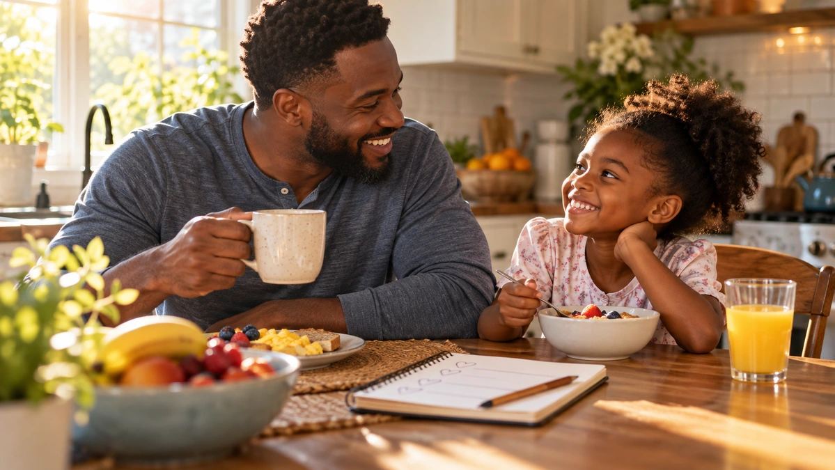 African American father and daughter sharing a hopeful Wednesday morning breakfast