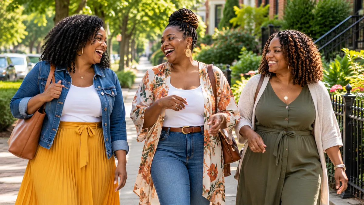 African American women friends sharing encouragement on a Wednesday morning walk