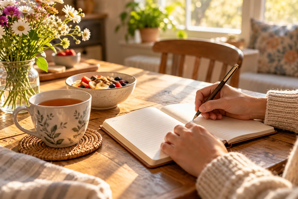Person writing a grateful morning note beside tea and breakfast