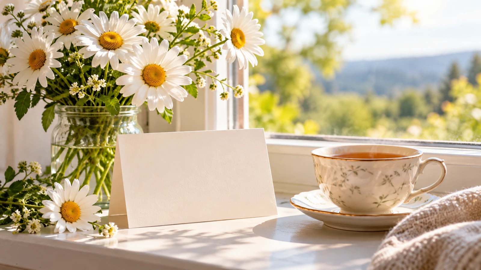 Wednesday greeting card with flowers and tea in morning light