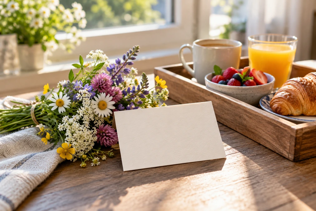 Wildflowers and a blank greeting card beside a sunny breakfast tray