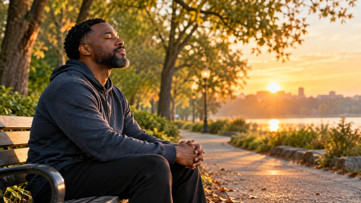 African American man enjoying a peaceful Wednesday morning reflection in a park