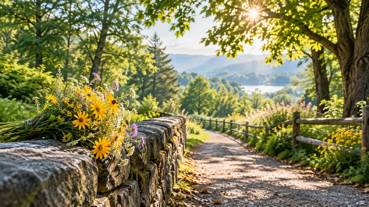 Sunlit park path and wildflowers for a peaceful Wednesday