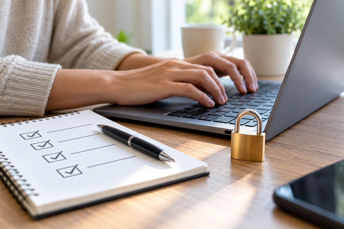 Person reviewing a website checklist on a laptop
