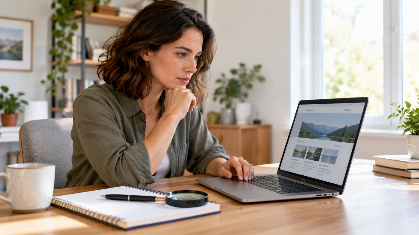 Person reviewing an unfamiliar website on a laptop