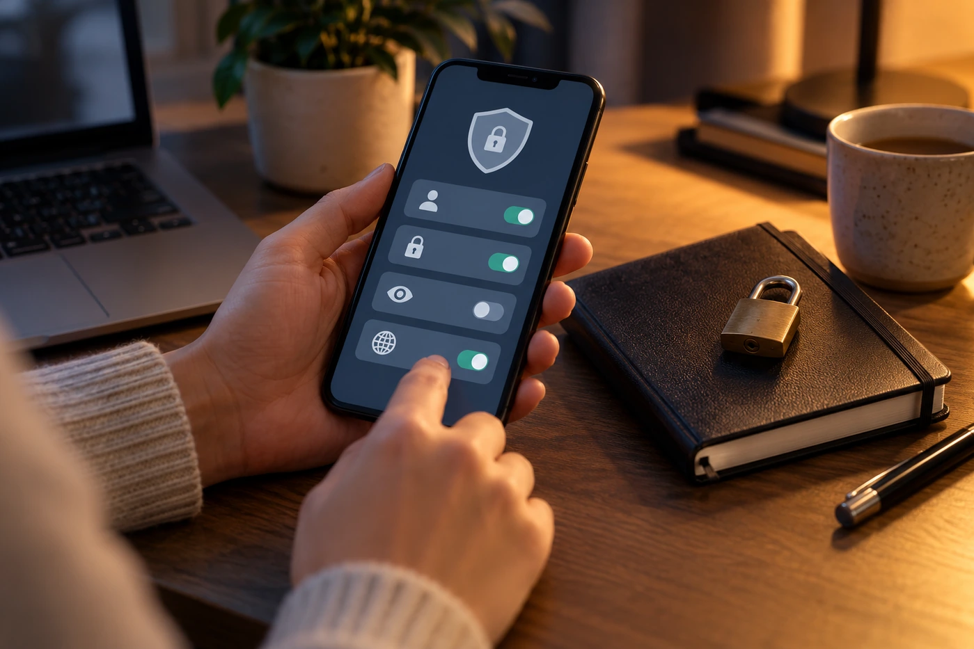 Person reviewing privacy settings on a smartphone beside a locked notebook