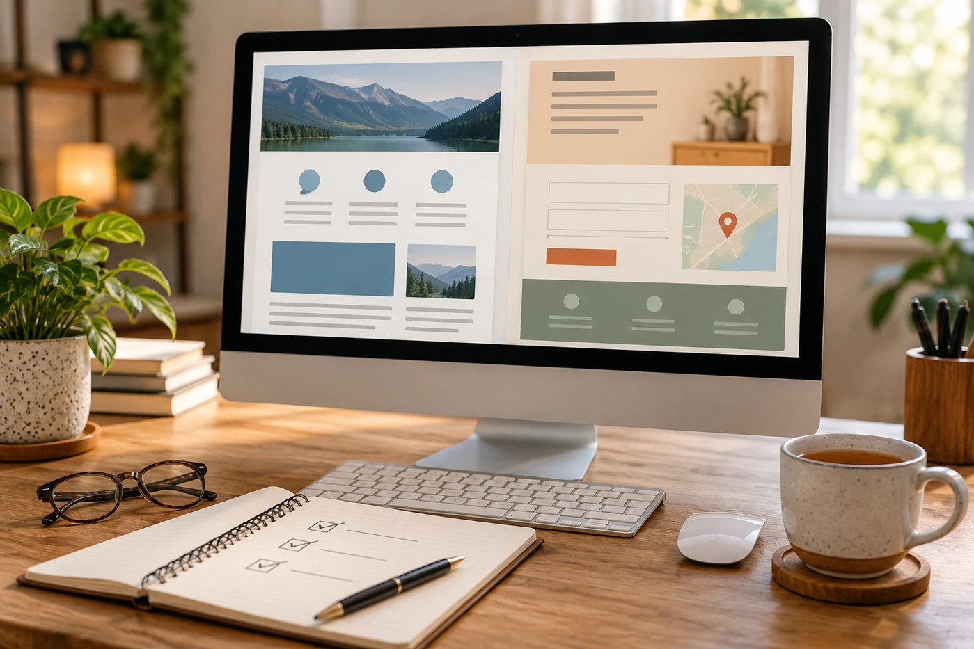 Desk setup for reviewing website trust signals and contact information